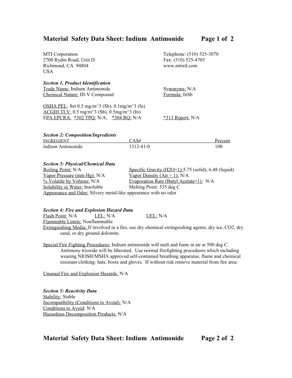 Material Safety Data Sheet: Indium (III) Phosphide