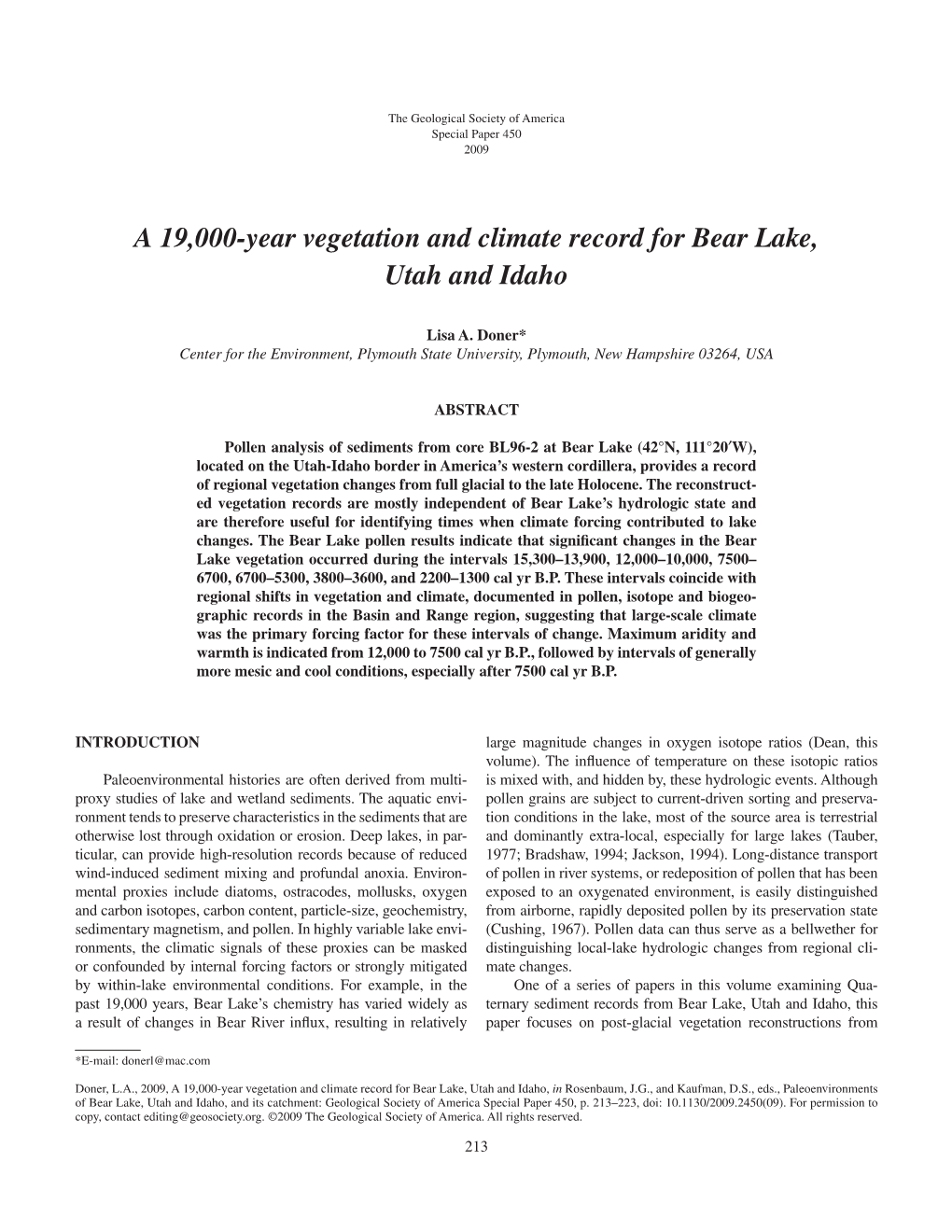 A 19,000-Year Vegetation and Climate Record for Bear Lake, Utah and Idaho