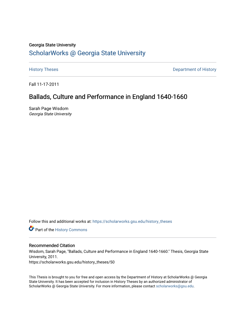 Ballads, Culture and Performance in England 1640-1660