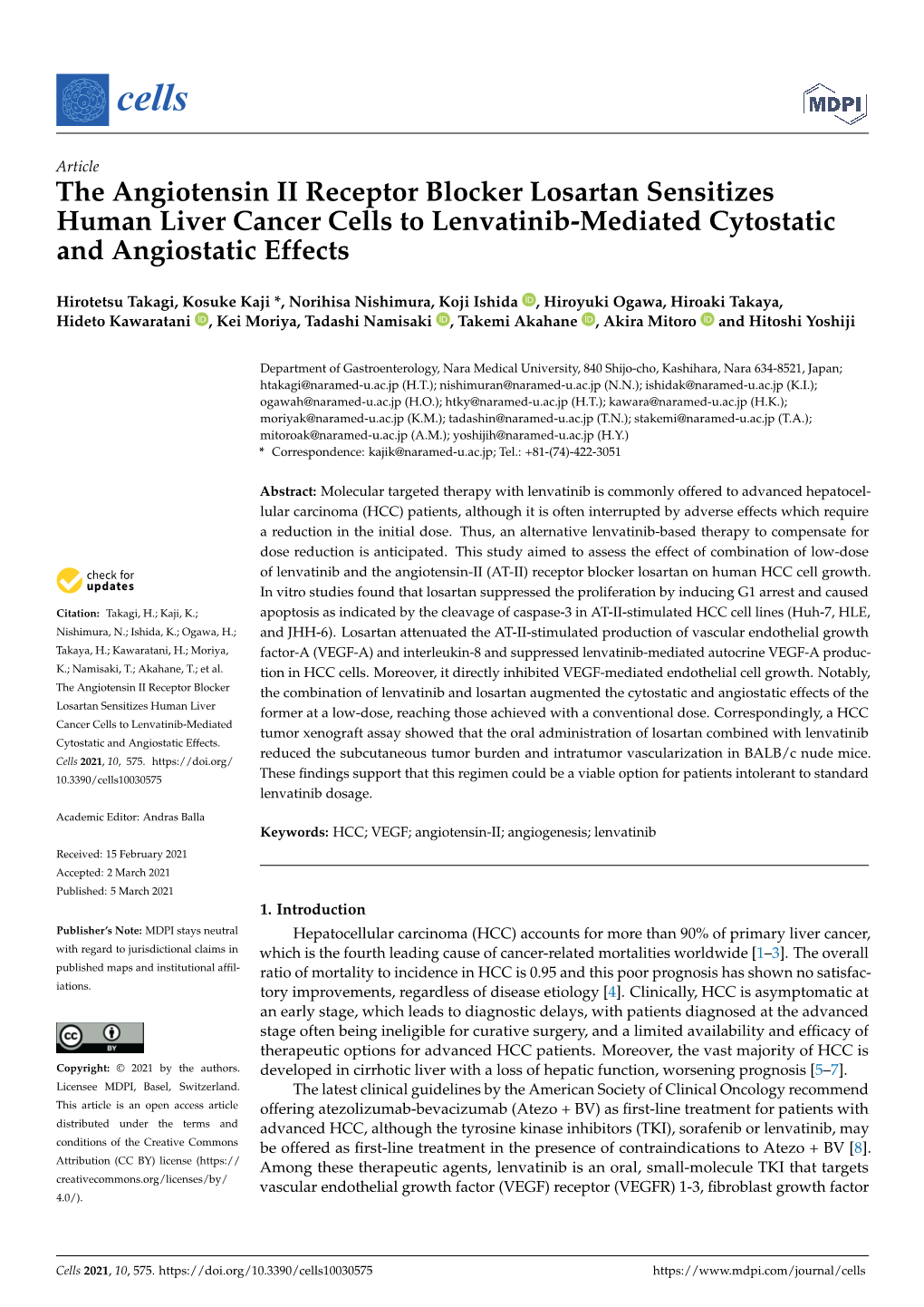 The Angiotensin II Receptor Blocker Losartan Sensitizes Human Liver Cancer Cells to Lenvatinib-Mediated Cytostatic and Angiostatic Effects