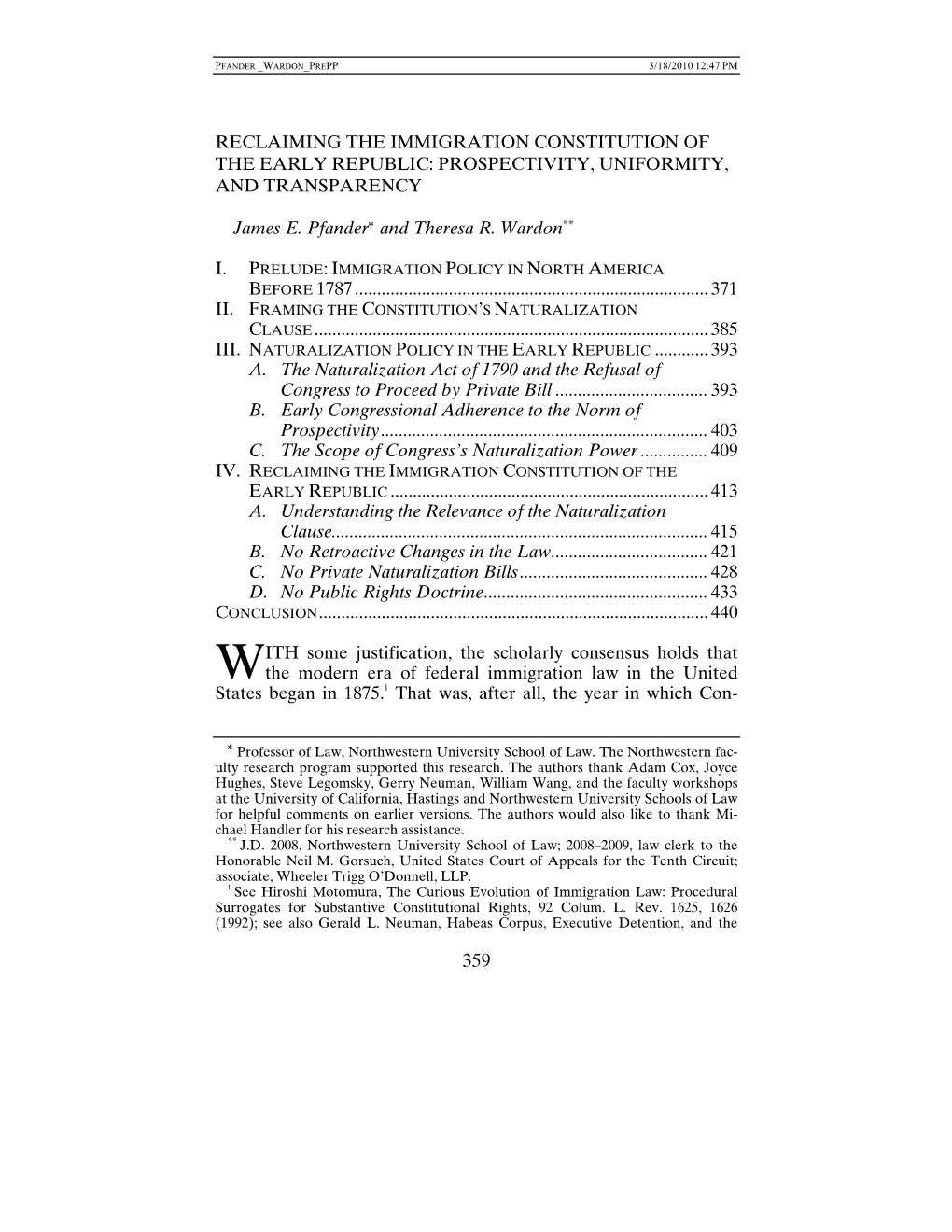 Reclaiming the Immigration Constitution of the Early Republic: Prospectivity, Uniformity, and Transparency