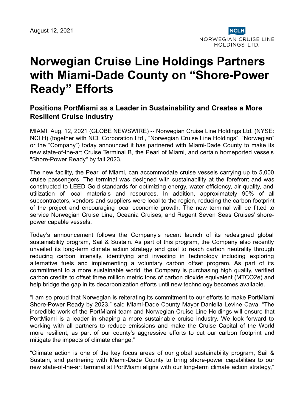 Norwegian Cruise Line Holdings Partners with Miami-Dade County on “Shore-Power Ready” Efforts