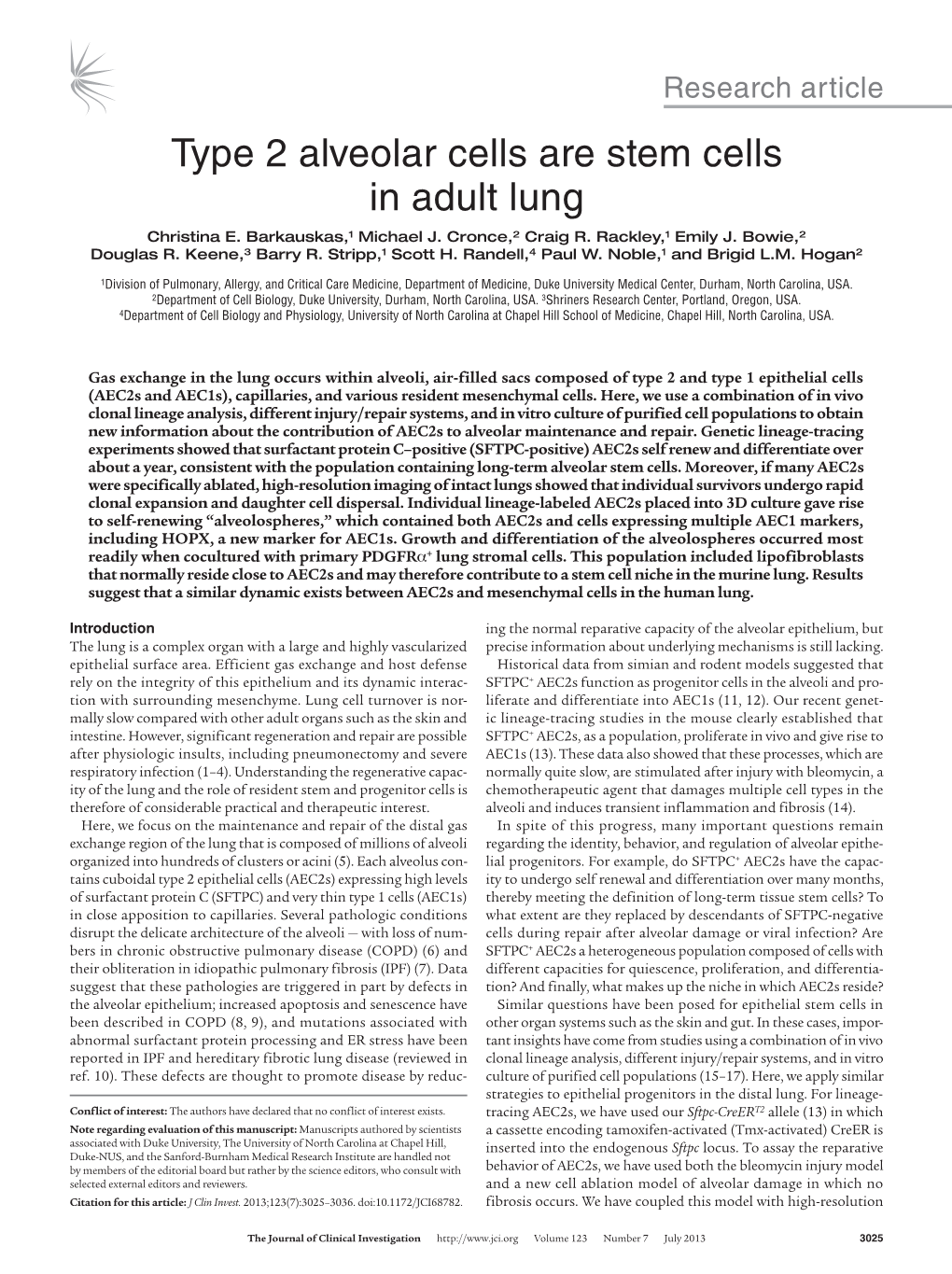 Type 2 Alveolar Cells Are Stem Cells in Adult Lung Christina E