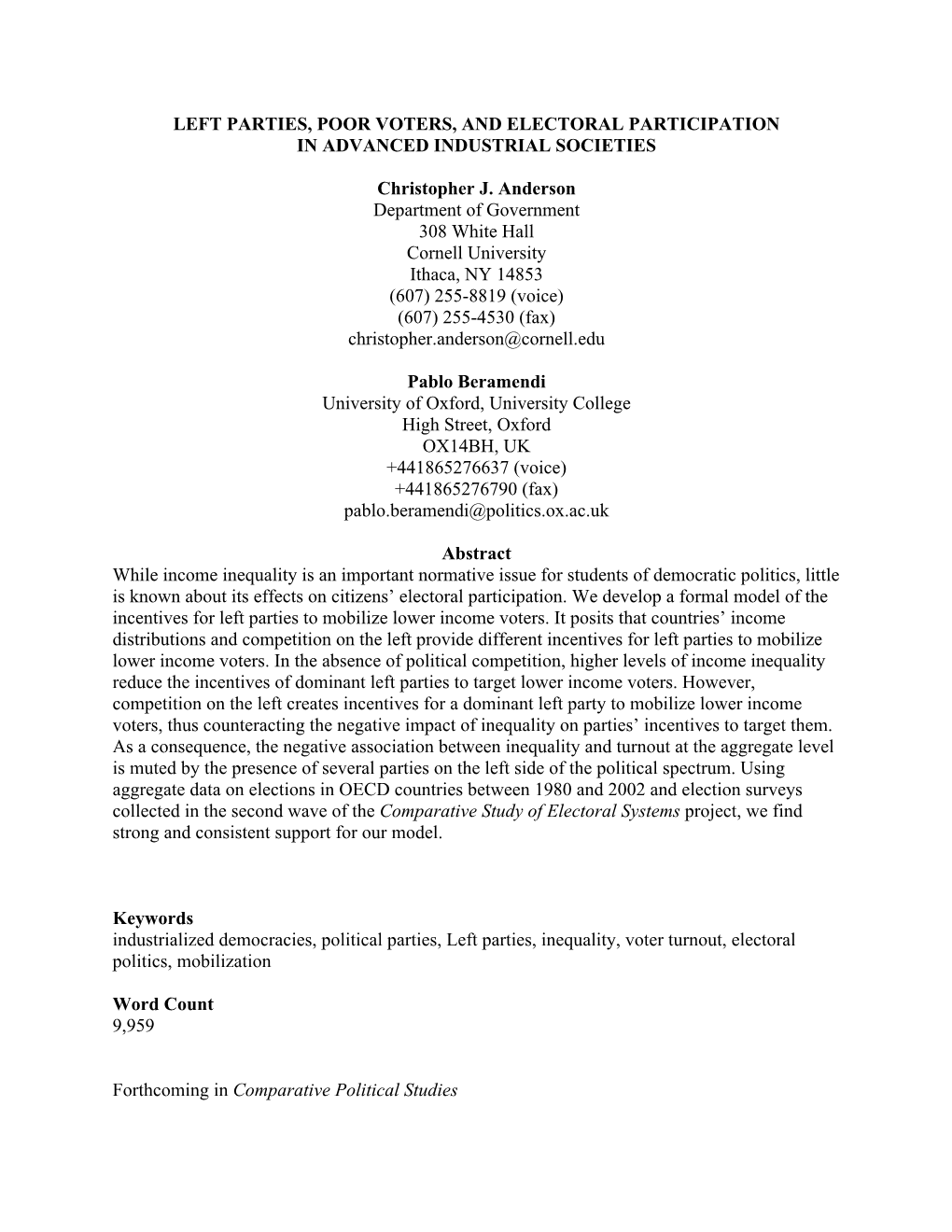 Left Parties, Poor Voters, and Electoral Participation in Advanced Industrial Societies