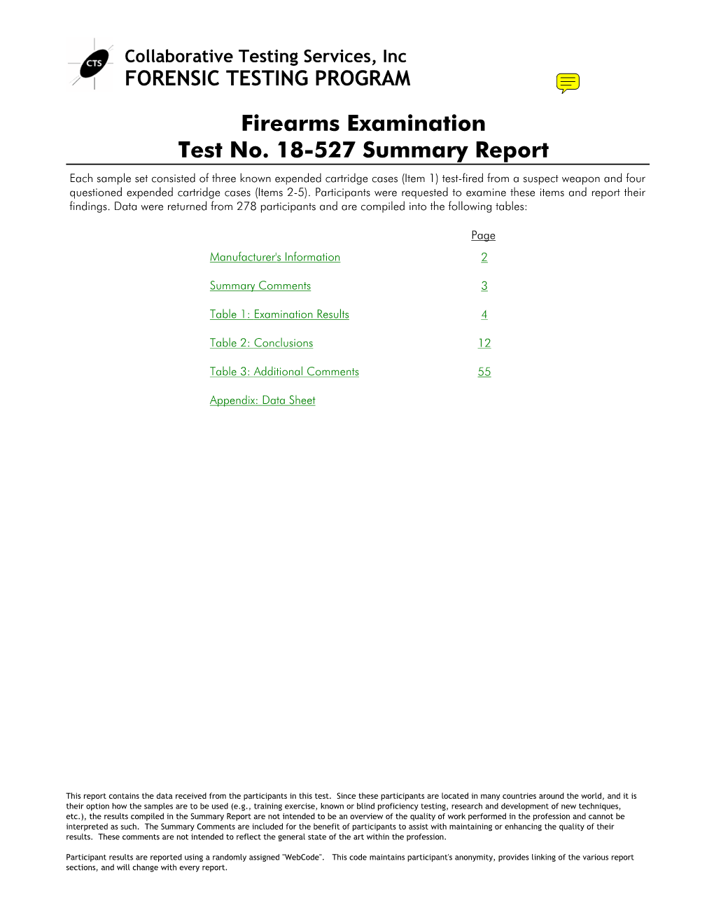 Firearms Examination Test No. 18-527 Summary Report