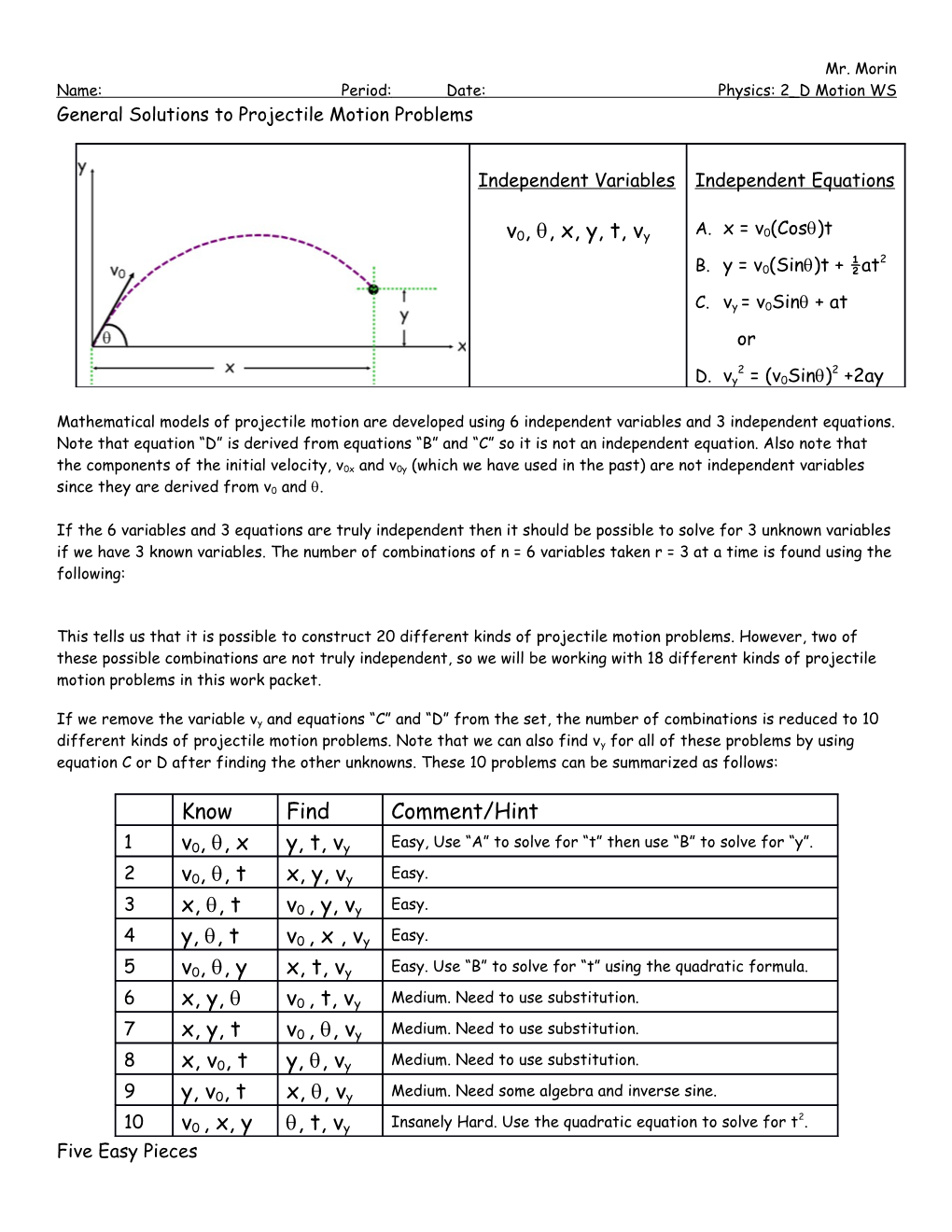 Name: Period: Date: Physics: 2 D Motion WS