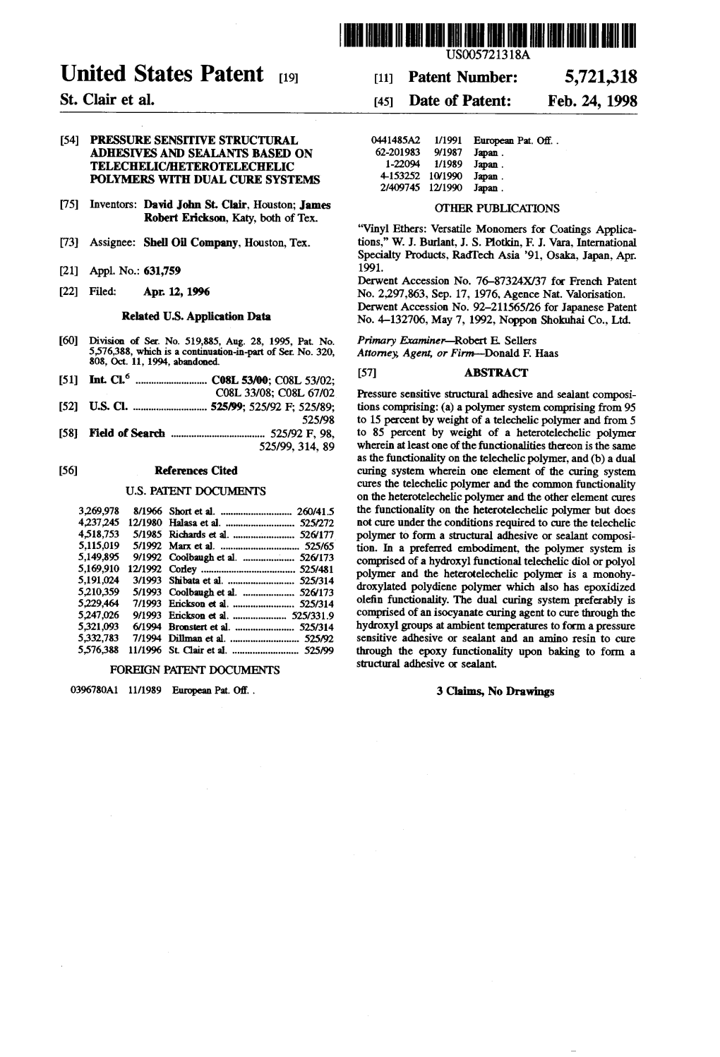 United States Patent (19) 11 Patent Number: 5,721,318 St