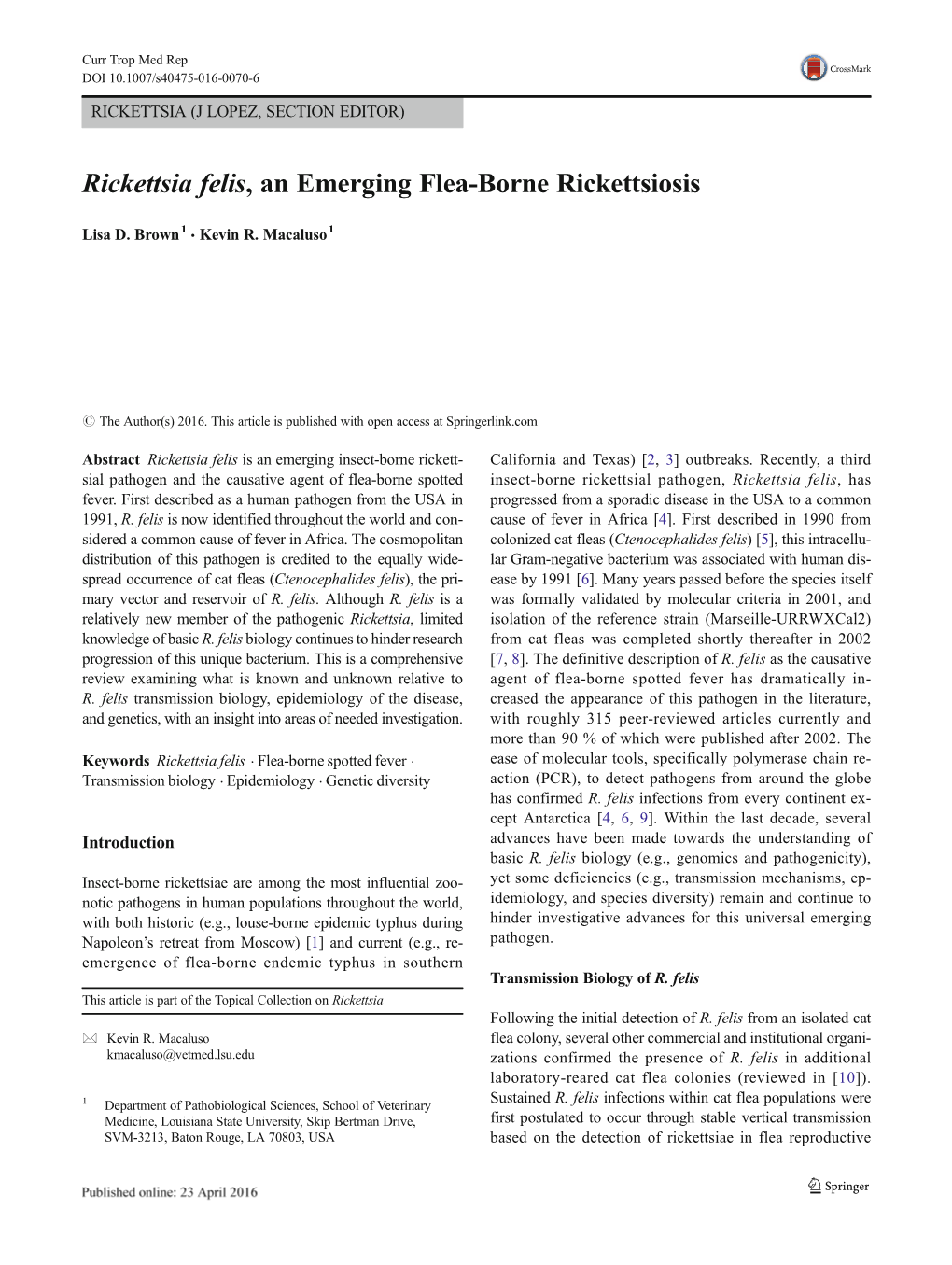 Rickettsia Felis, an Emerging Flea-Borne Rickettsiosis