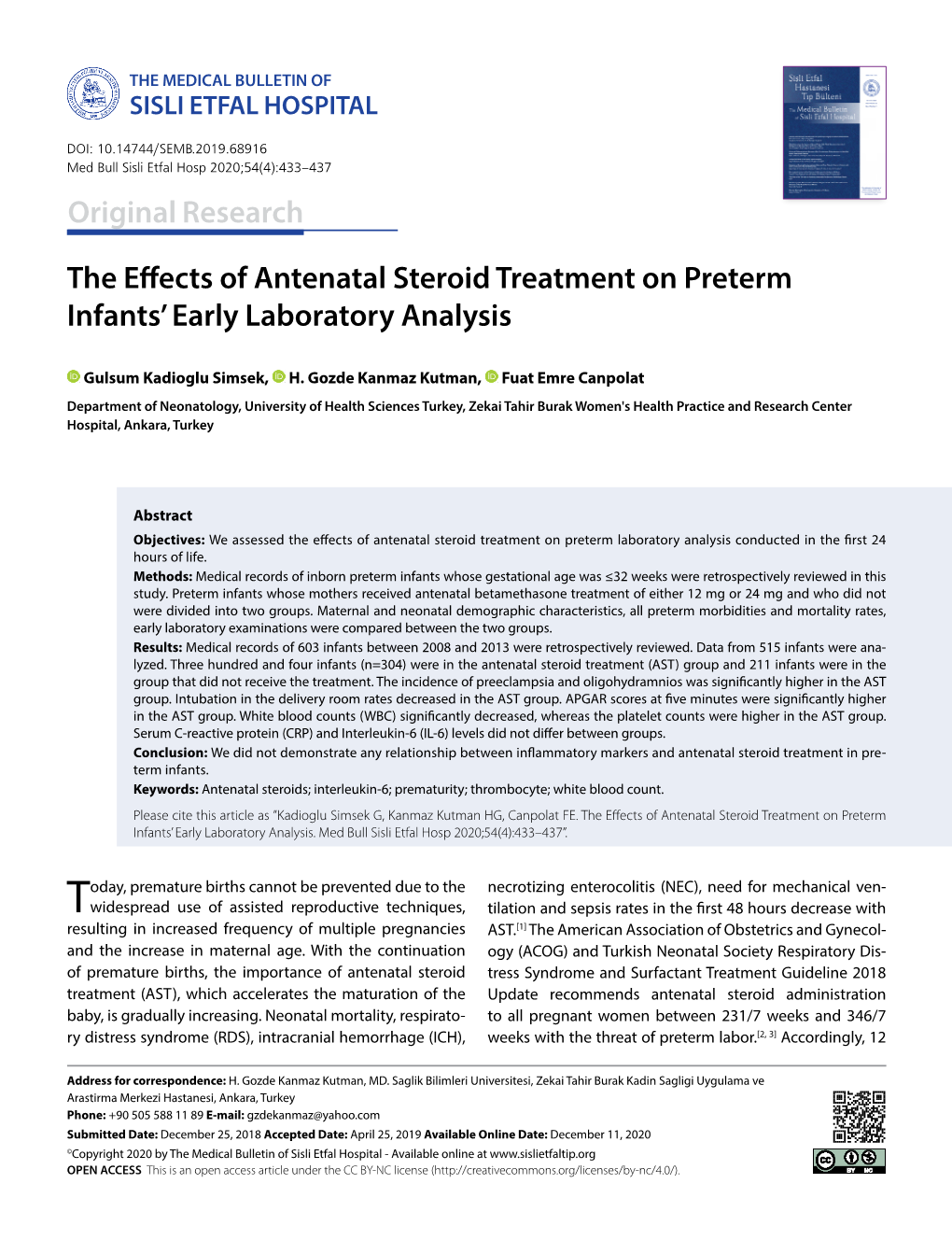 The Effects of Antenatal Steroid Treatment on Preterm Infants' Early Laboratory Analysis Original Research