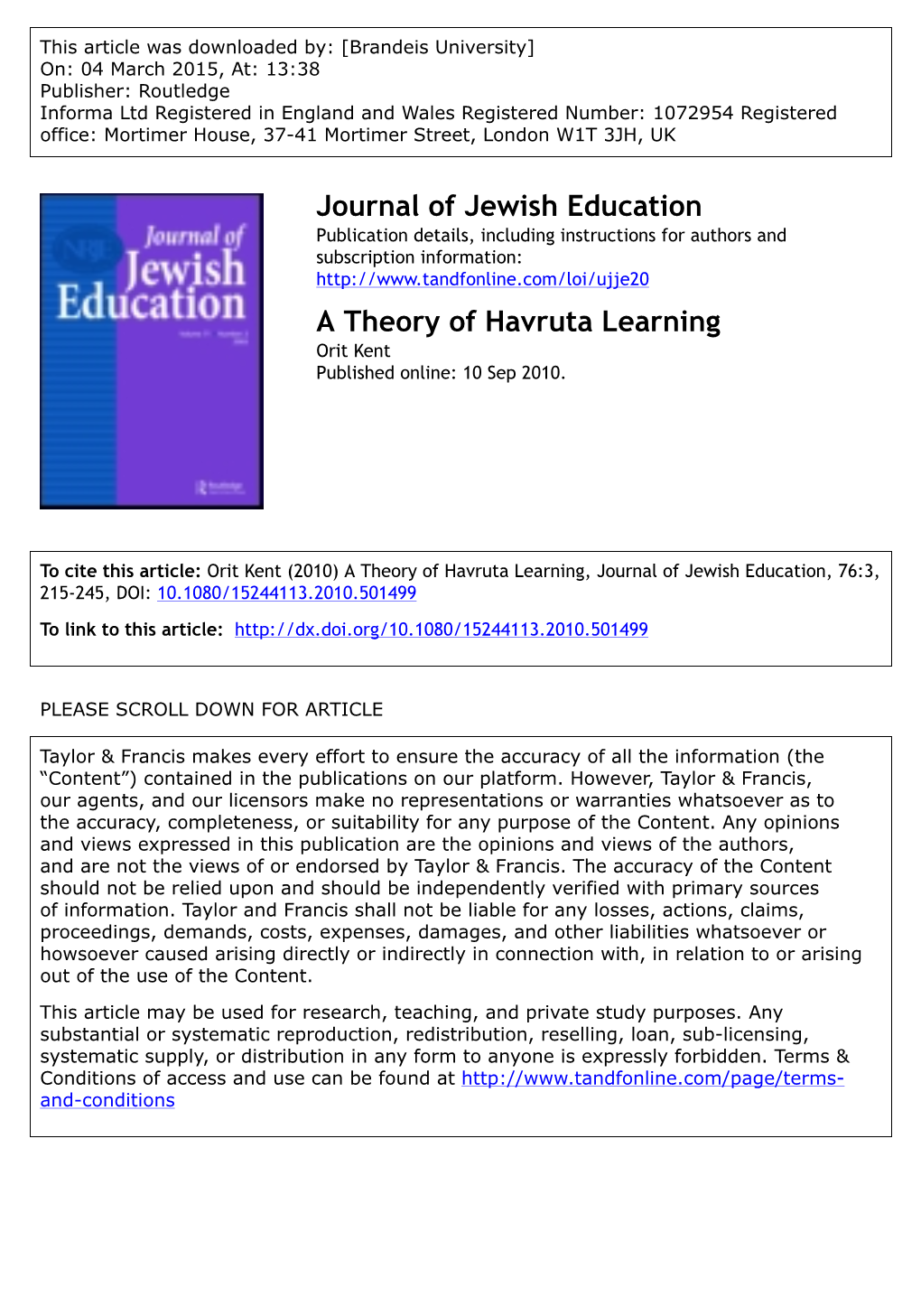 Journal of Jewish Education a Theory of Havruta Learning