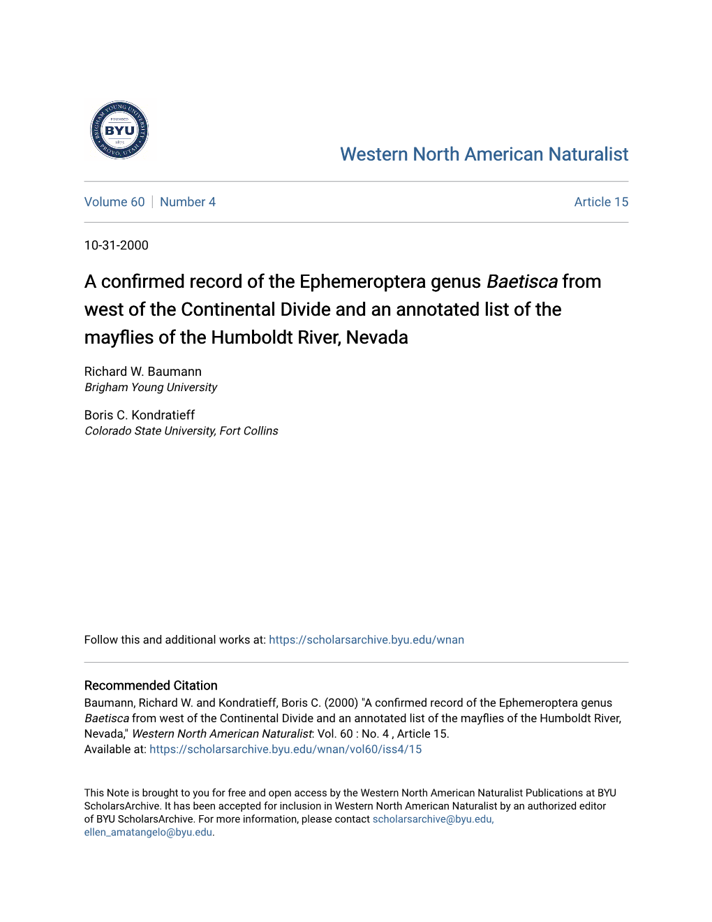 A Confirmed Record of the Ephemeroptera Genus Baetisca from West of the Continental Divide and an Annotated List of the Mayflies of the Humboldt River, Nevada