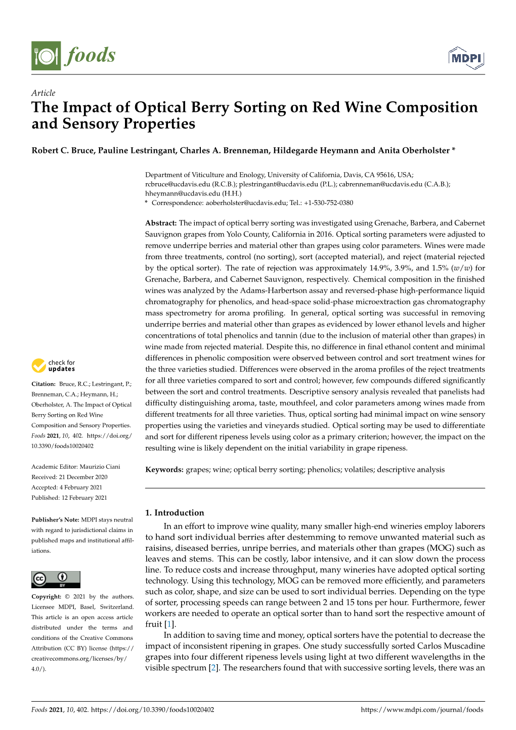 The Impact of Optical Berry Sorting on Red Wine Composition and Sensory Properties