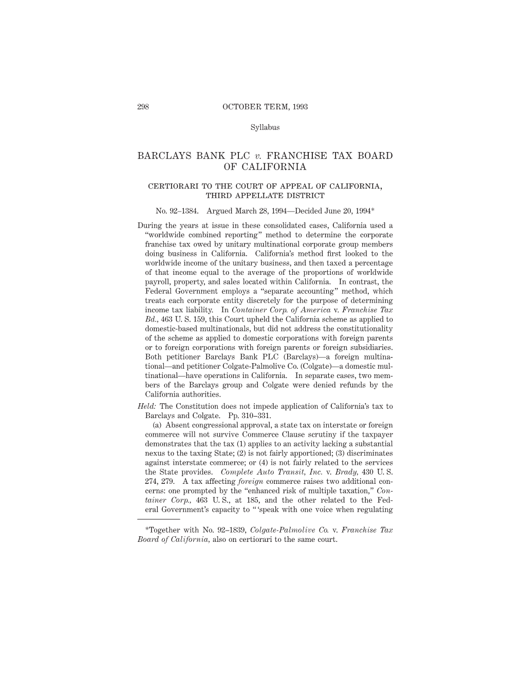 BARCLAYS BANK PLC V. FRANCHISE TAX BOARD of CALIFORNIA Certiorari to the Court of Appeal of California, Third Appellate District