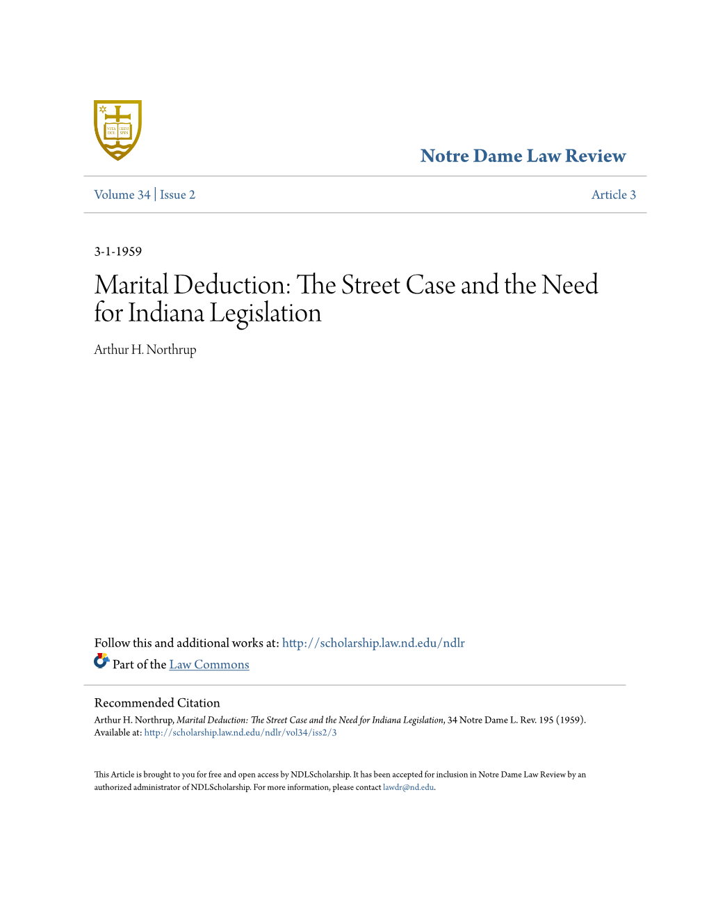 Marital Deduction: the Street Case and the Need for Indiana Legislation, 34 Notre Dame L