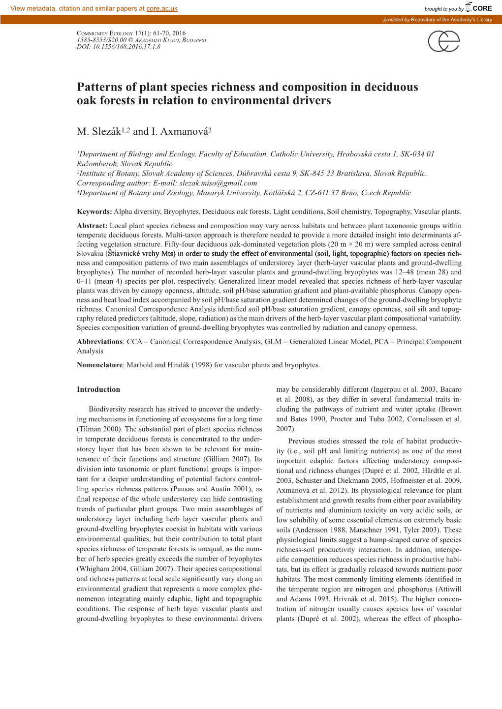 Patterns of Plant Species Richness and Composition in Deciduous Oak Forests in Relation to Environmental Drivers