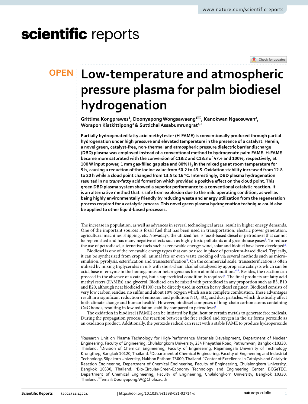 Low-Temperature and Atmospheric Pressure Plasma for Palm Biodiesel