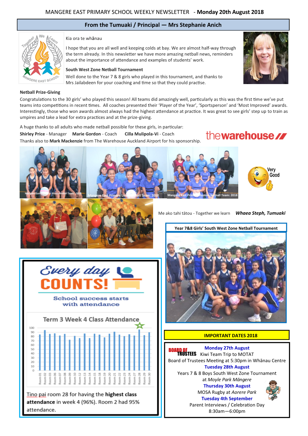 MANGERE EAST PRIMARY SCHOOL WEEKLY NEWSLETTER - Monday 20Th August 2018