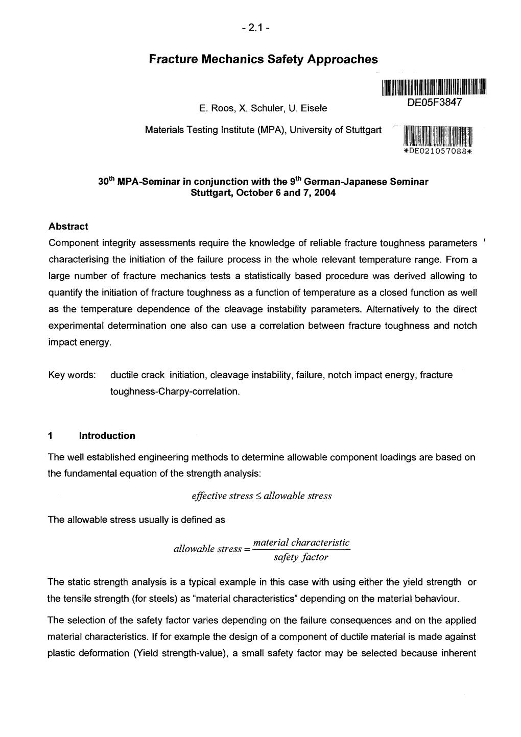 Fracture Mechanics Safety Approaches