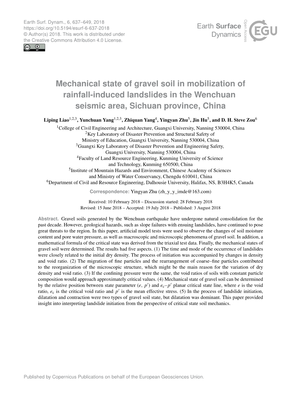 Mechanical State of Gravel Soil in Mobilization of Rainfall-Induced Landslides in the Wenchuan Seismic Area, Sichuan Province, China