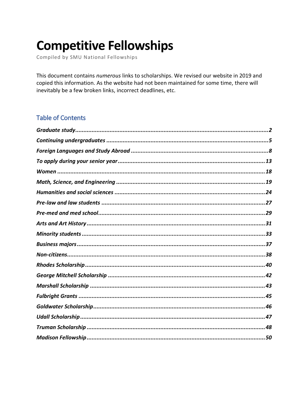 Competitive Fellowships Compiled by SMU National Fellowships