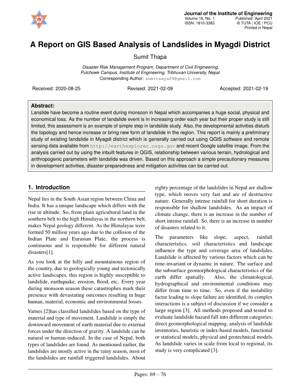 A Report on GIS Based Analysis of Landslides in Myagdi District Sumit Thapa