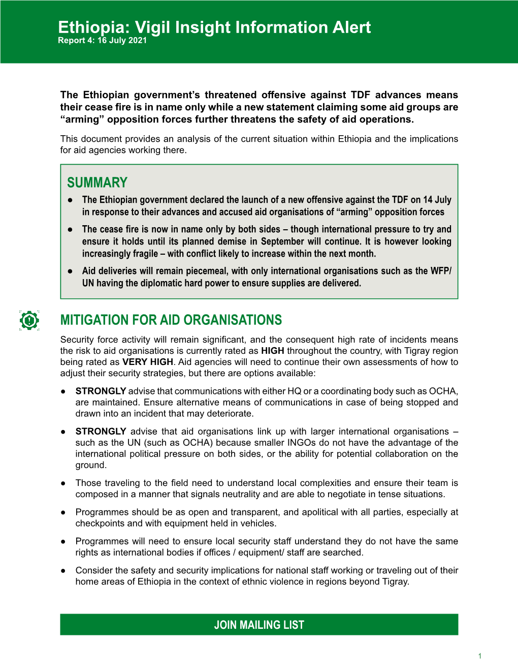 Ethiopia: Vigil Insight Information Alert Report 4: 16 July 2021