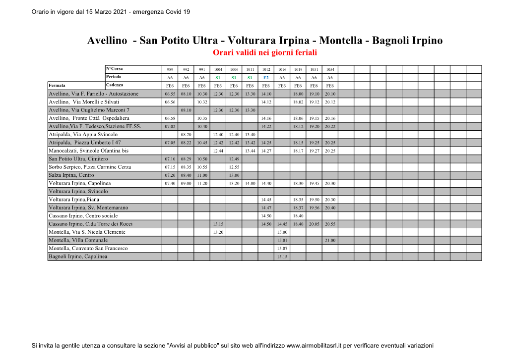 Volturara Irpina - Montella - Bagnoli Irpino Orari Validi Nei Giorni Feriali