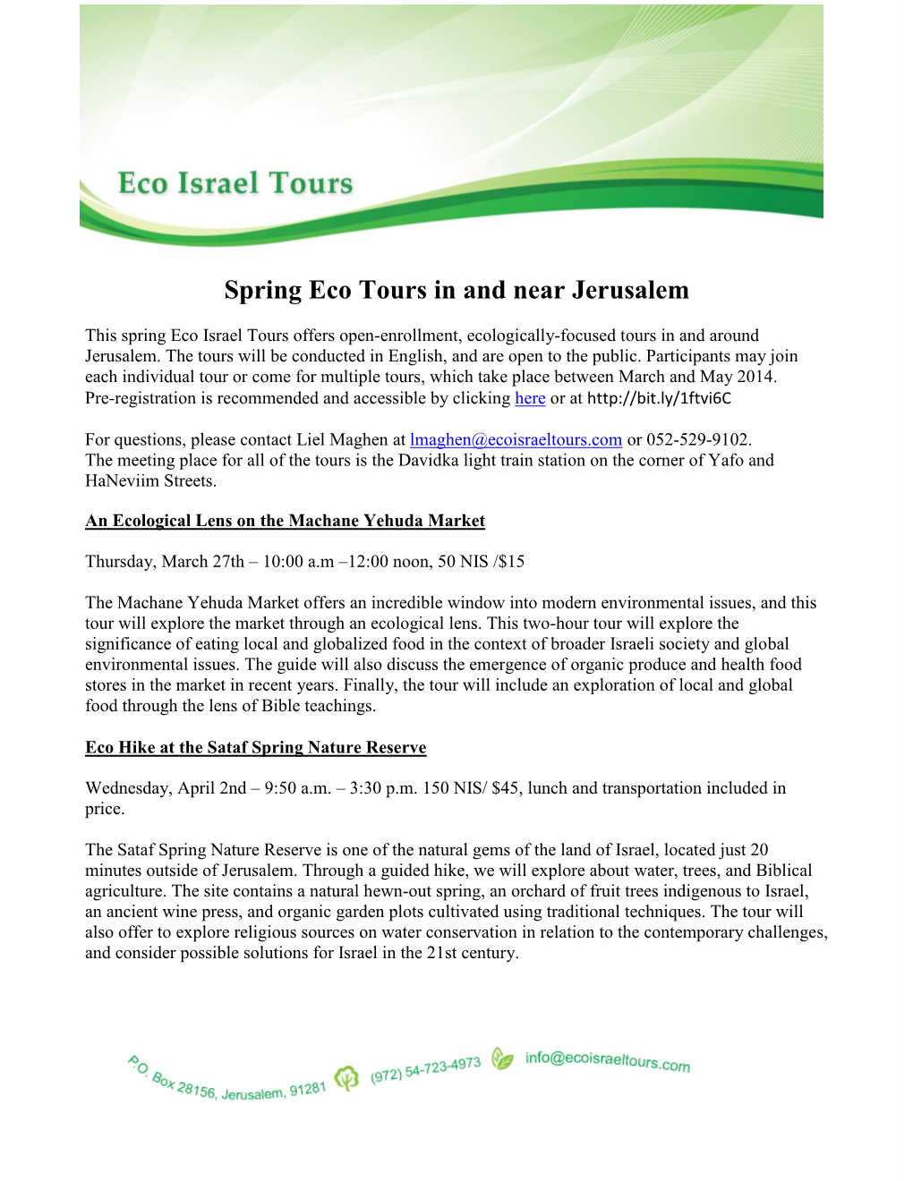 Eco Israel Tours Weekly Spring Tours 2014
