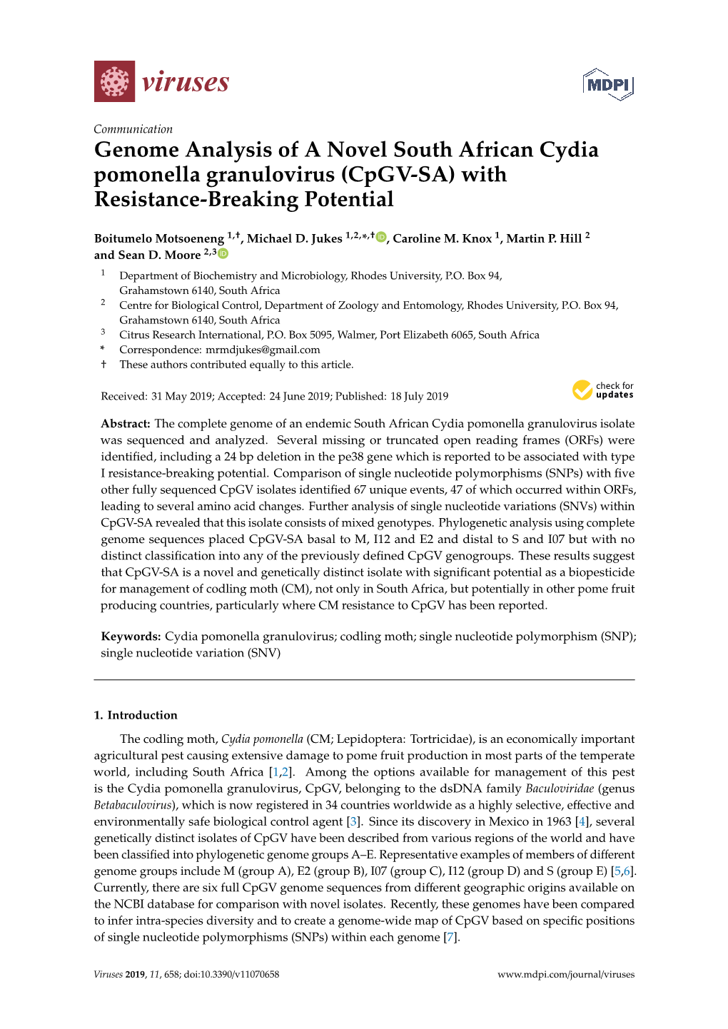 Genome Analysis of a Novel South African Cydia Pomonella Granulovirus (Cpgv-SA) with Resistance-Breaking Potential