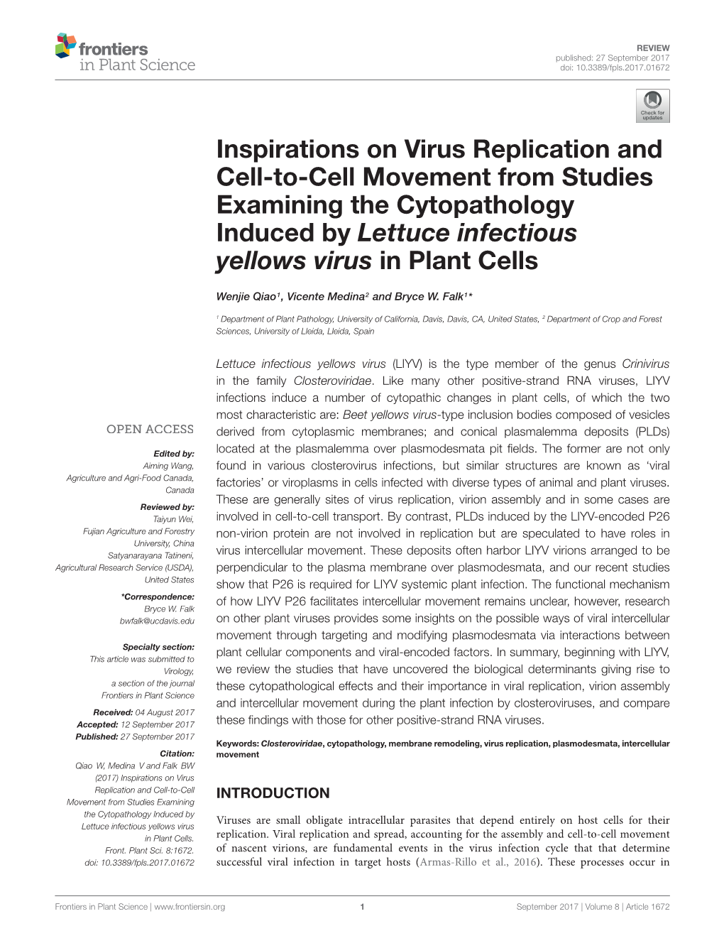 Inspirations on Virus Replication and Cell-To-Cell Movement from Studies Examining the Cytopathology Induced by Lettuce Infectious Yellows Virus in Plant Cells