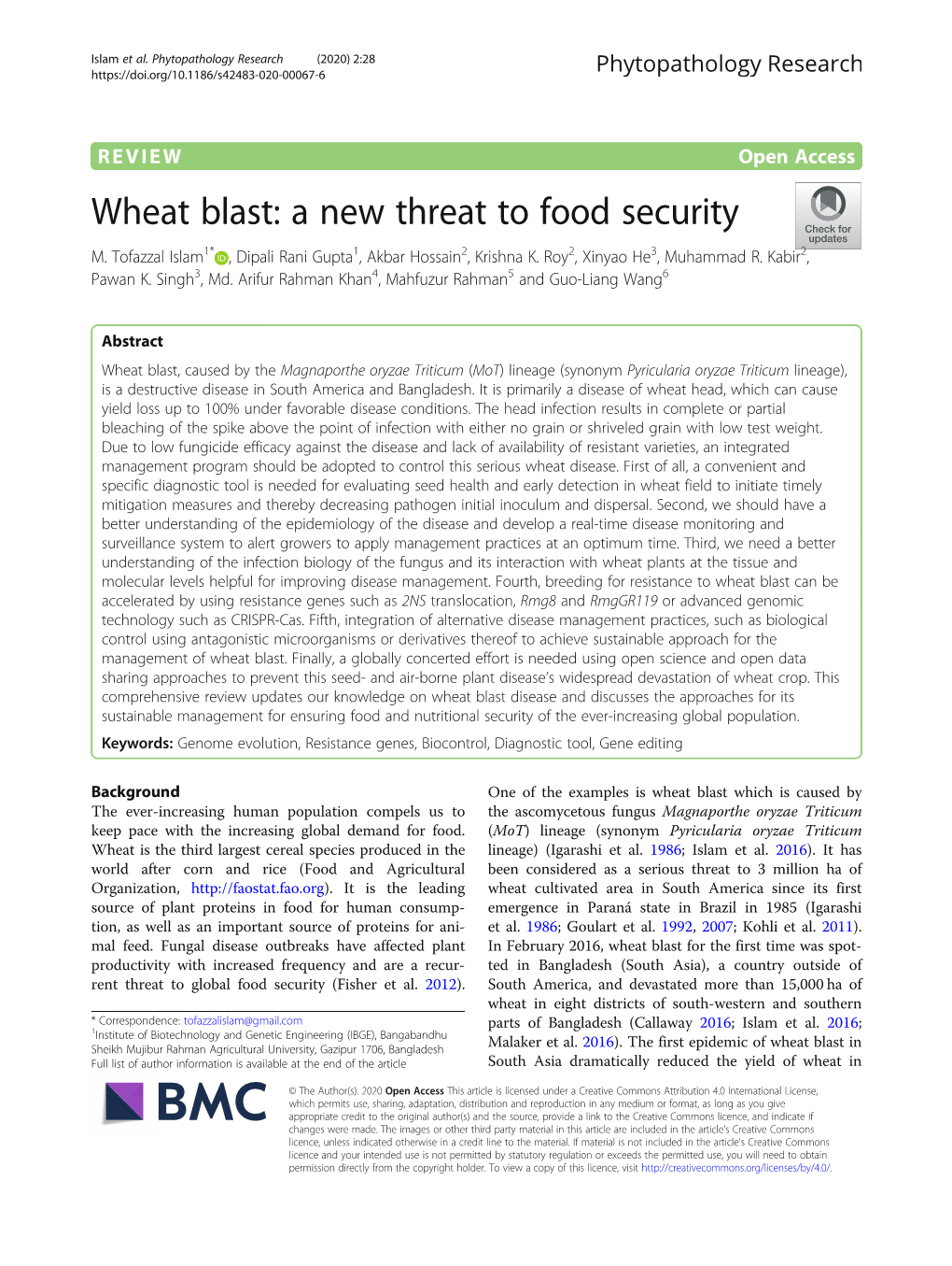 Wheat Blast: a New Threat to Food Security M