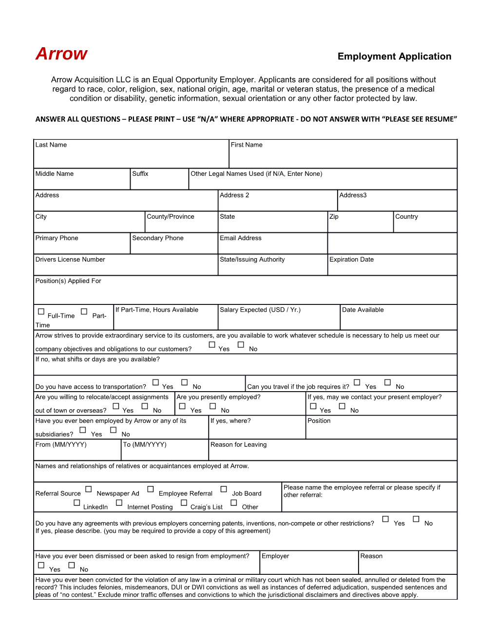 Arrow Employment Application