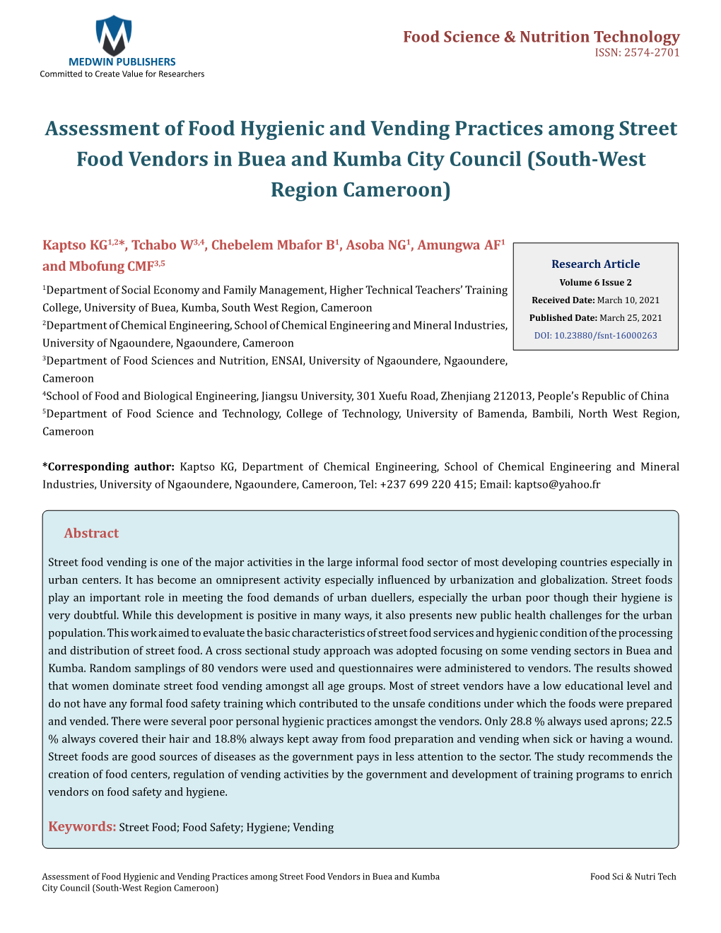 Assessment of Food Hygienic and Vending Practices Among Street Food Vendors in Buea and Kumba City Council (South-West Region Cameroon)