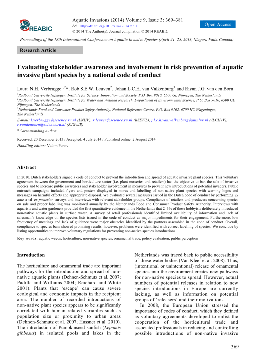 Evaluating Stakeholder Awareness and Involvement in Risk Prevention of Aquatic Invasive Plant Species by a National Code of Conduct