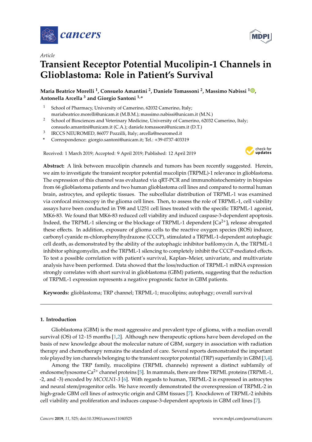 Transient Receptor Potential Mucolipin-1 Channels in Glioblastoma: Role in Patient’S Survival