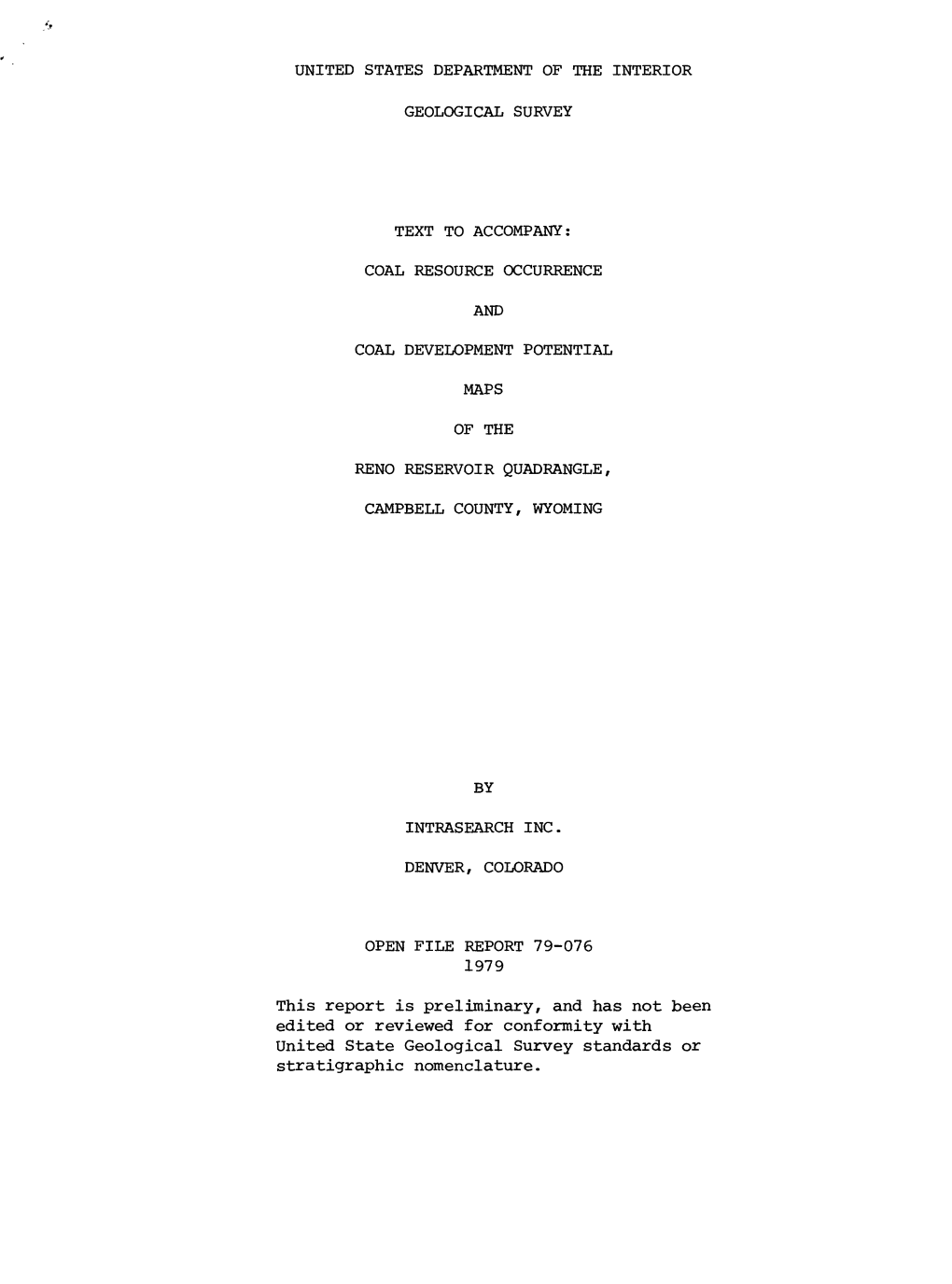 This Report Is Preliminary, and Has Not Been Edited Or Reviewed for Conformity with United State Geological Survey Standards Or Stratigraphic Nomenclature