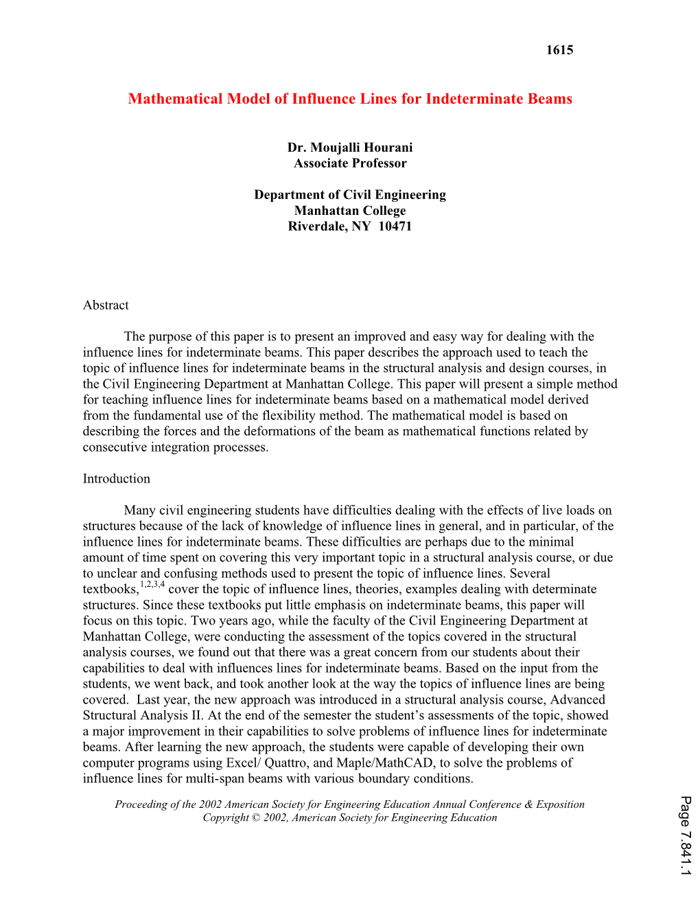 Mathematical Model of Influence Lines for Indeterminate Beams