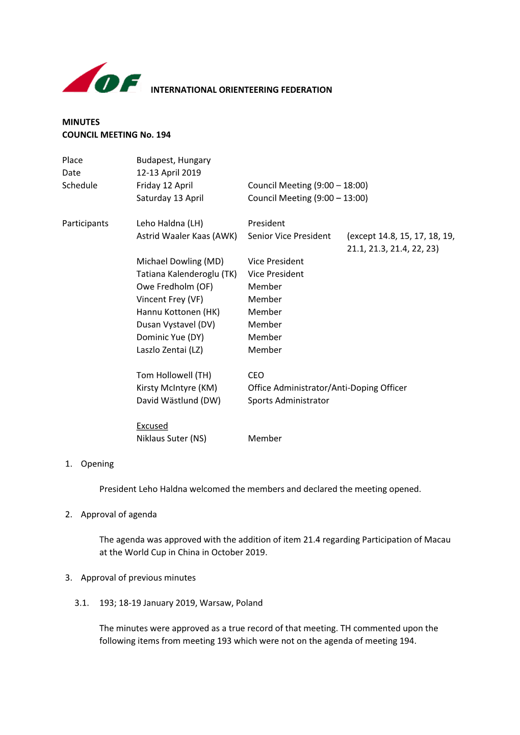 International Orienteering Federation Minutes Council