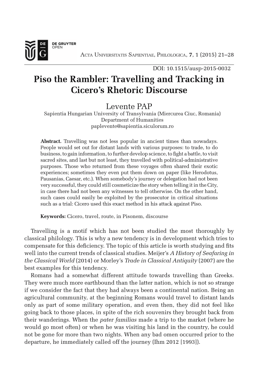 Piso the Rambler: Travelling and Tracking in Cicero's Rhetoric