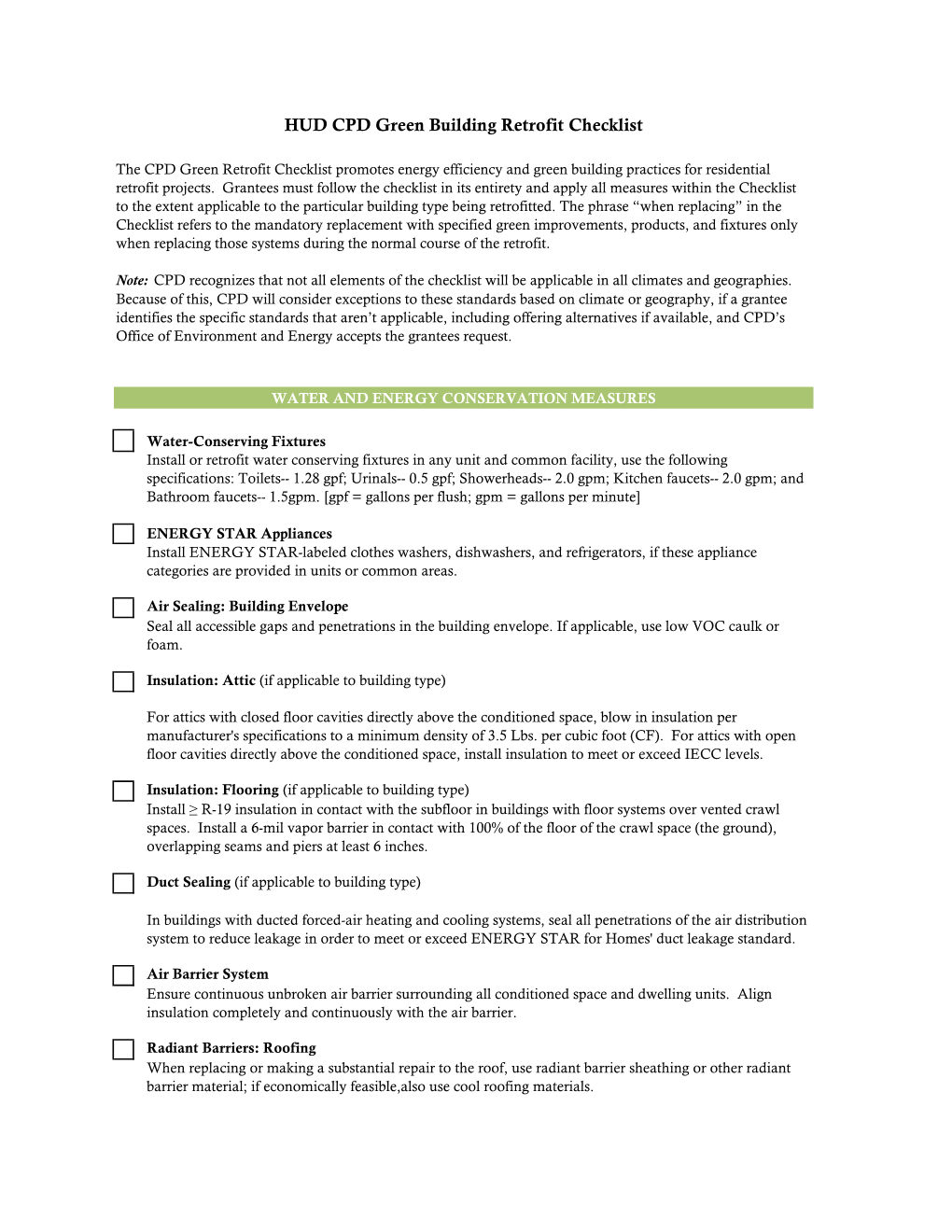 HUD CPD Green Building Retrofit Checklist