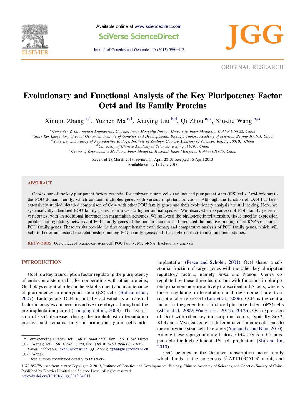 Evolutionary and Functional Analysis of the Key Pluripotency Factor Oct4 and Its Family Proteins