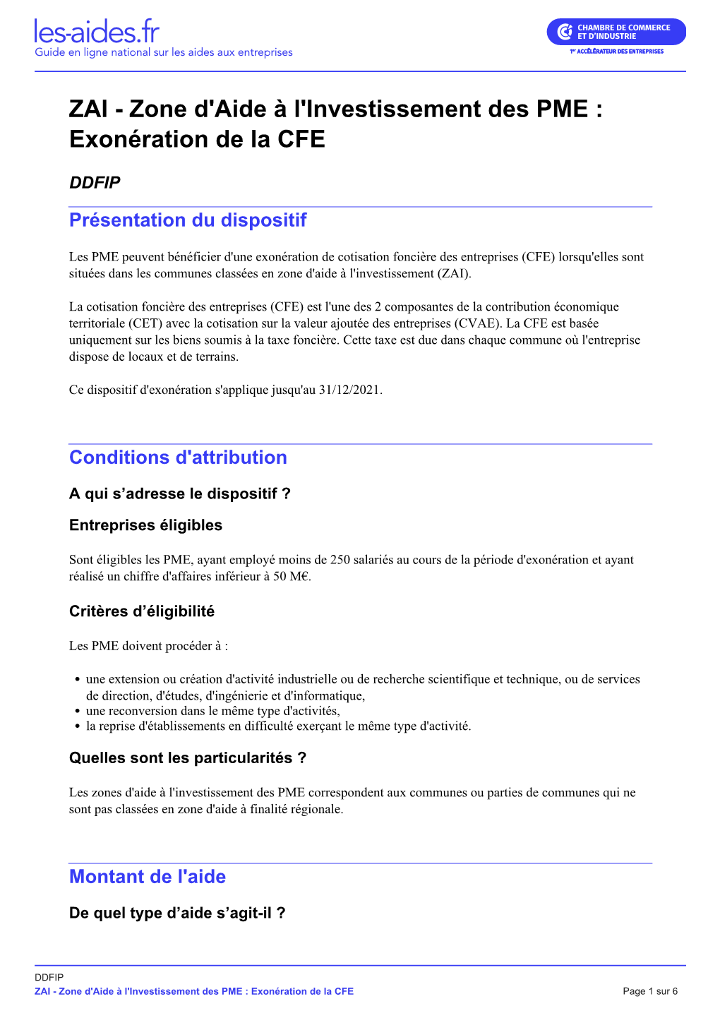 ZAI - Zone D'aide À L'investissement Des PME : Exonération De La CFE