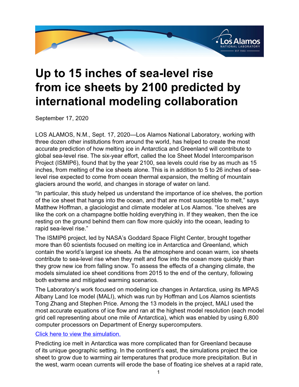 Up to 15 Inches of Sea-Level Rise from Ice Sheets by 2100 Predicted by International Modeling Collaboration