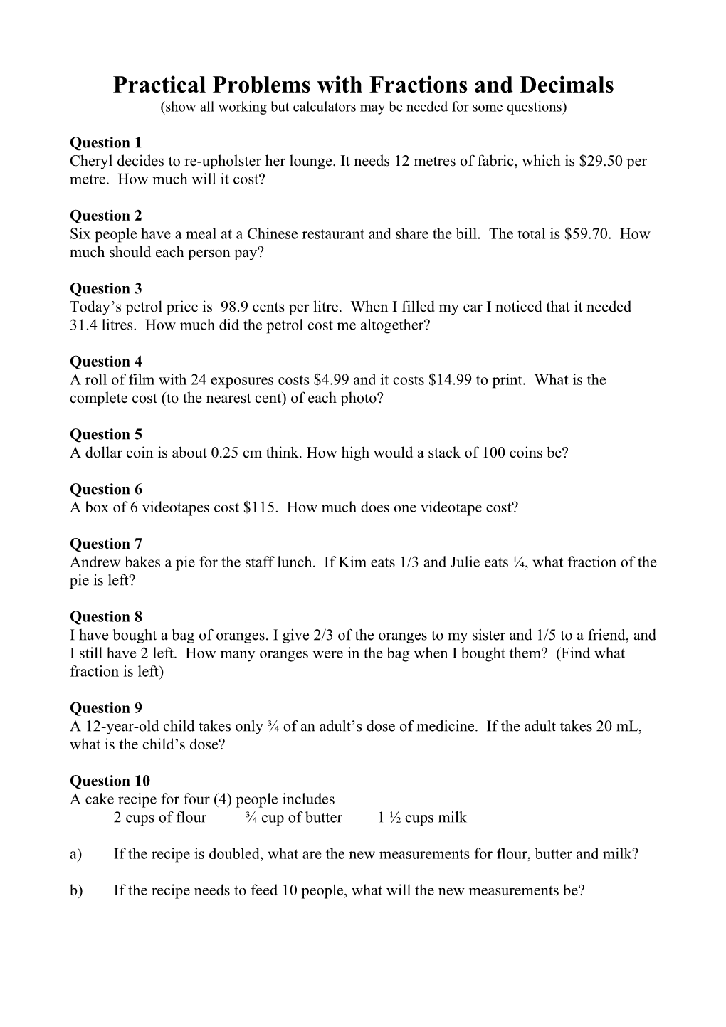 Practical Problems with Fractions and Decimals