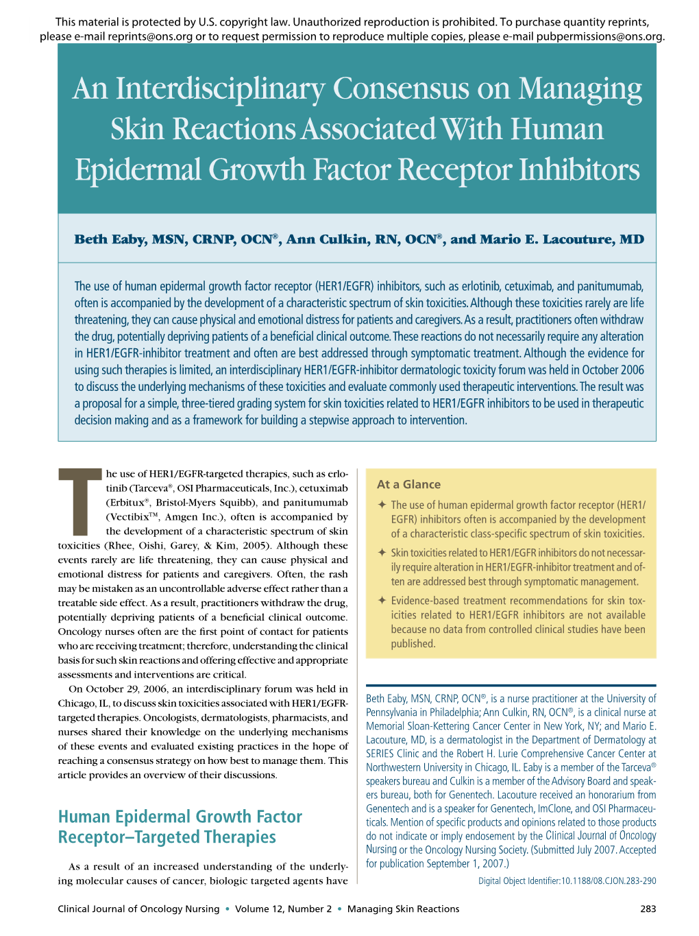 An Interdisciplinary Consensus on Managing Skin Reactions Associated with Human Epidermal Growth Factor Receptor Inhibitors