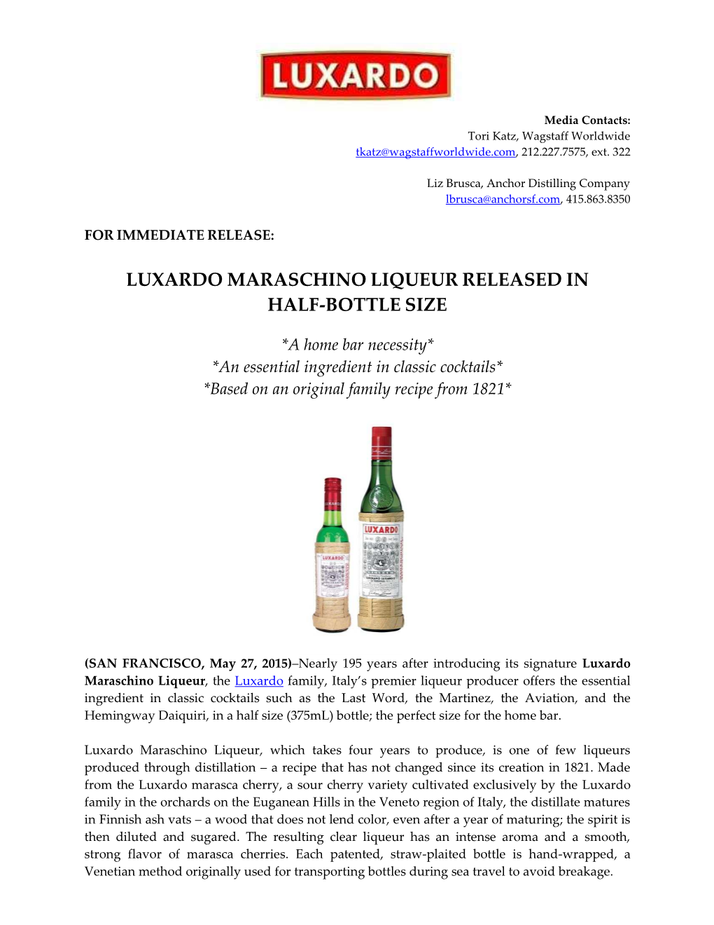 Luxardo Maraschino Liqueur Released in Half-Bottle Size