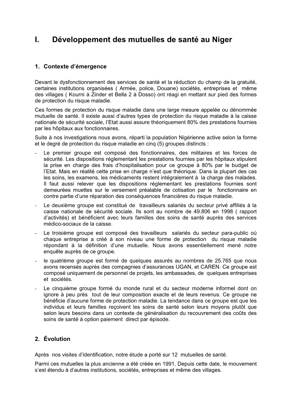 I. Développement Des Mutuelles De Santé Au Niger