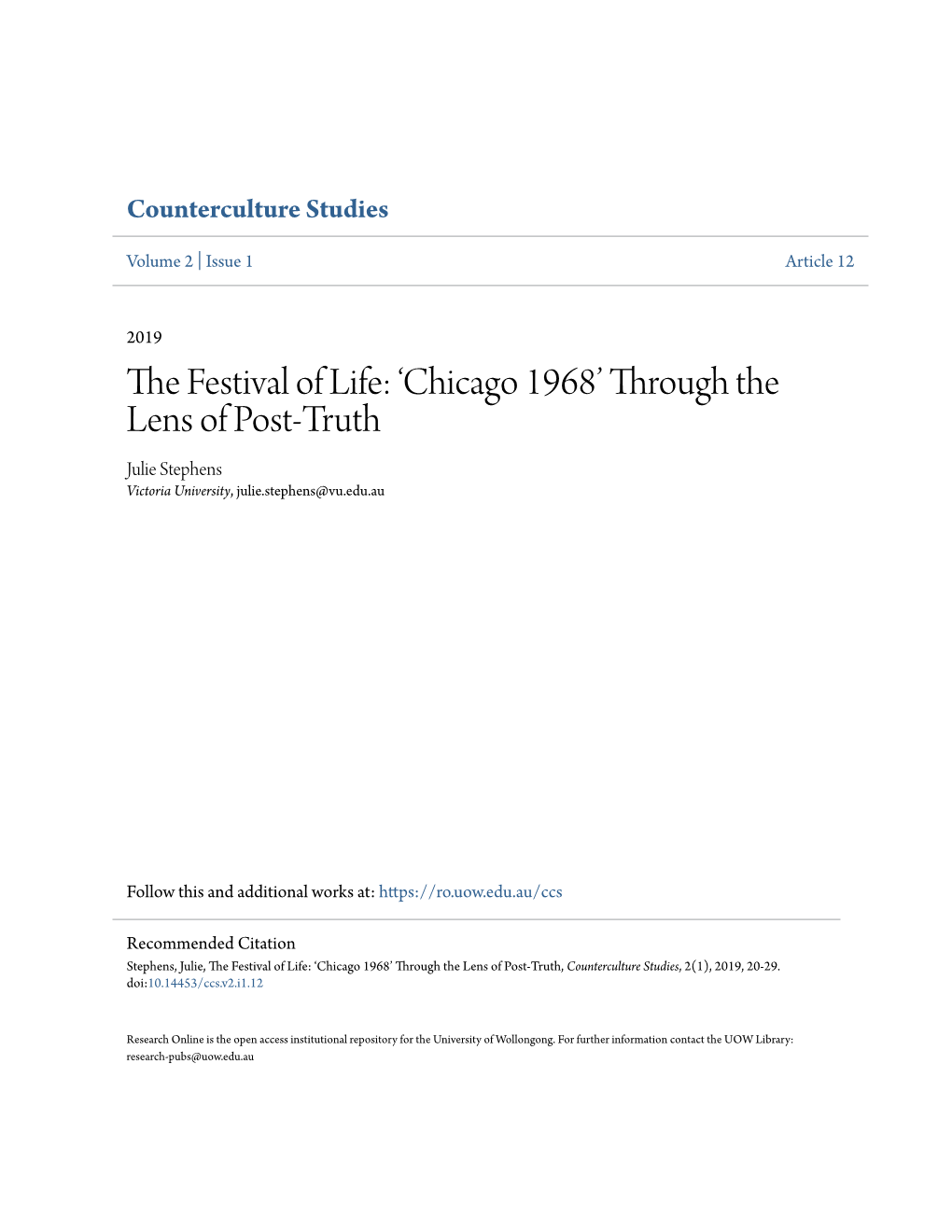 The Festival of Life: Â•Ÿchicago 1968Â•Ž Through the Lens of Post