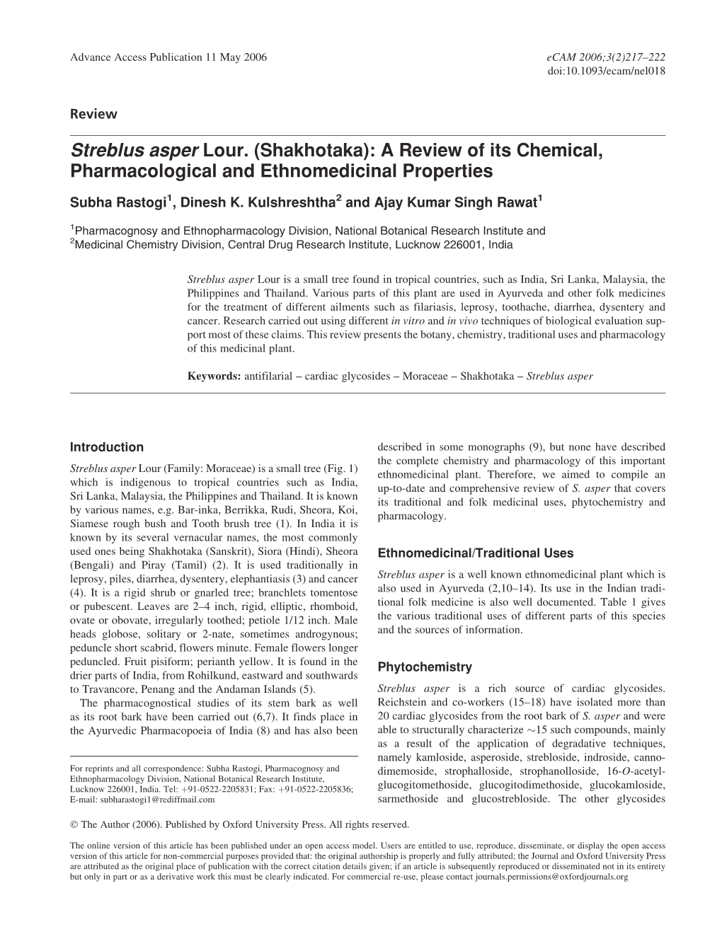 Streblus Asper Lour. (Shakhotaka): a Review of Its Chemical, Pharmacological and Ethnomedicinal Properties