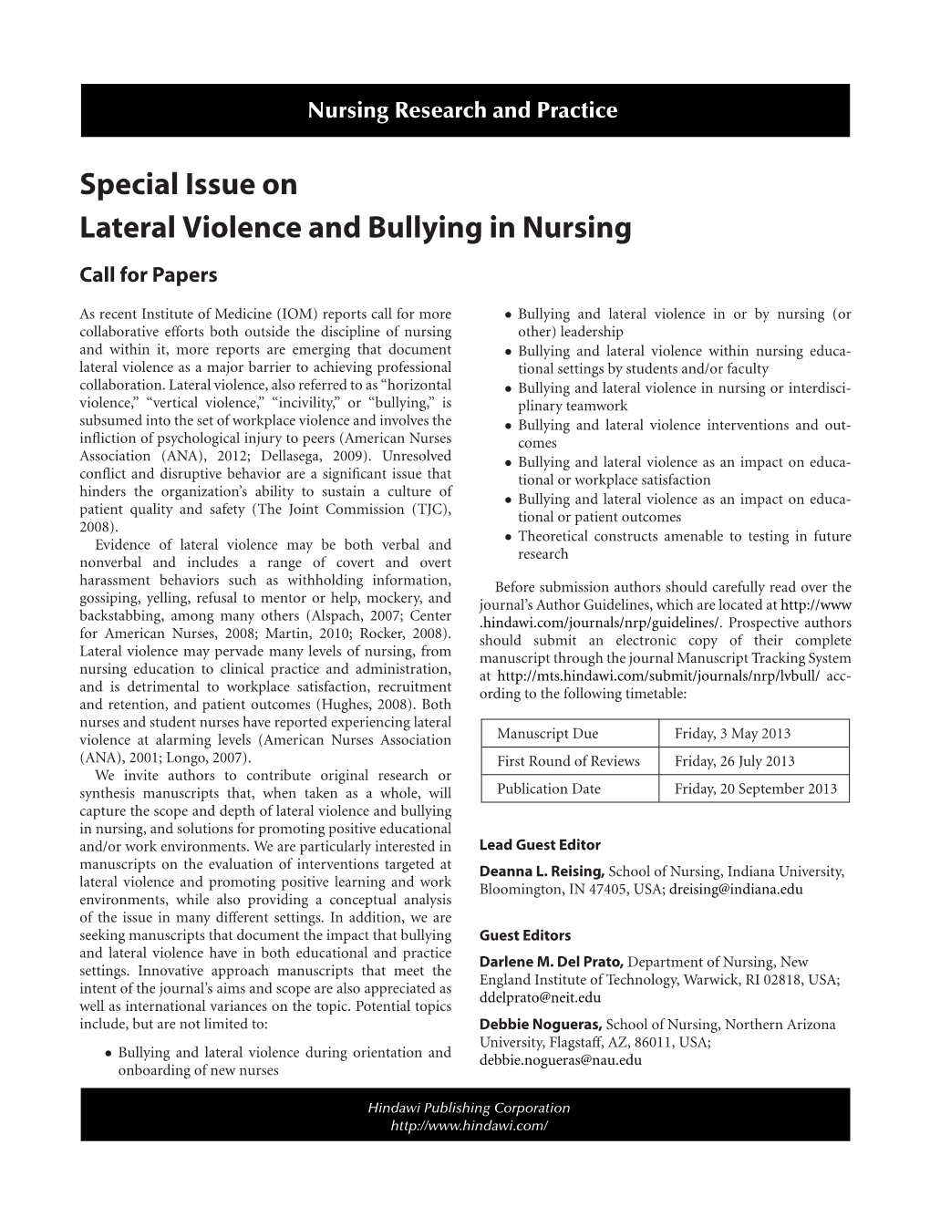 Special Issue on Lateral Violence and Bullying in Nursing Call for Papers